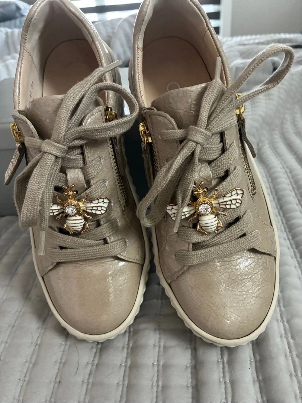 Gabor Beige Patent Leather Platform Sneakers with Gold Zippers